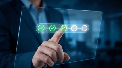 Digital interaction closeup of a businessman's hand office environment technology display professional setup future concepts