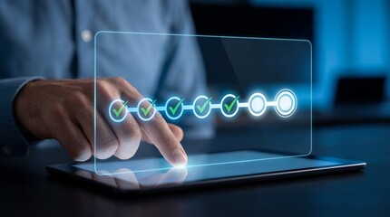 Closeup of a hand interacting with a digital touchscreen interface modern office technology concept professional environment innovative viewpoint