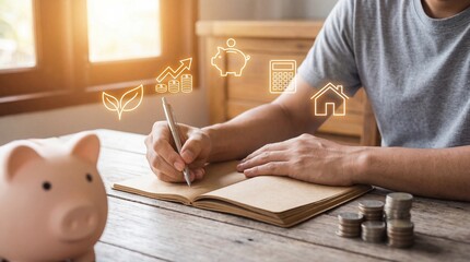 Financial planning strategies home office informative writing cozy environment closeup view budgeting insights for smart savings