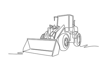 Continuous one line drawing wheel loader construction vehicle, large bucket, heavy tires in minimalist style perfect for industrial or site themes. Single line draw design vector graphic illustration © onetime
