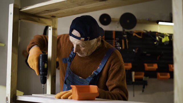 Small business concept. Mature carpenter drilling a board with electric drill. Professional elderly senior woodworker using tools to make wood furniture in his workshop.