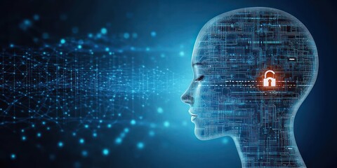 Futuristic circuit head with glowing padlock and streaming data nodes, conveying a guarded and secure digital protection mood