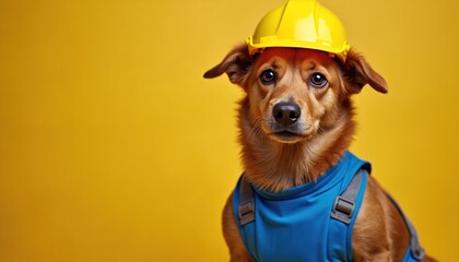 A brown dog wearing blue jumpsuit yellow hard hat stares. The canine is posing against solid yellow backdrop. This photo displays humor, joy in profession, safety, building concept.
