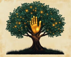 golden hand emerging from a twisted tree trunk with a lush green canopy dotted with glowing lights above a grassy base on a textured parchment background, serene and mystical