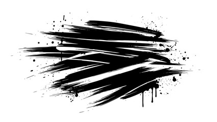A dynamic black ink splash with splatters and drips, creating a sense of energetic movement on a white background.