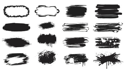 A collection of black ink brush stroke elements and splatters for graphic design purposes.