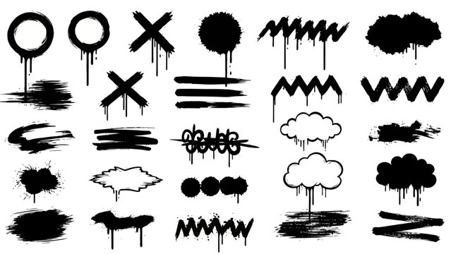 A collection of black spray paint graffiti elements including circles, crosses, splatters, and clouds on a white background.