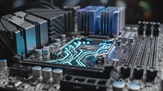 Close up of a computer motherboard with glowing circuitry details