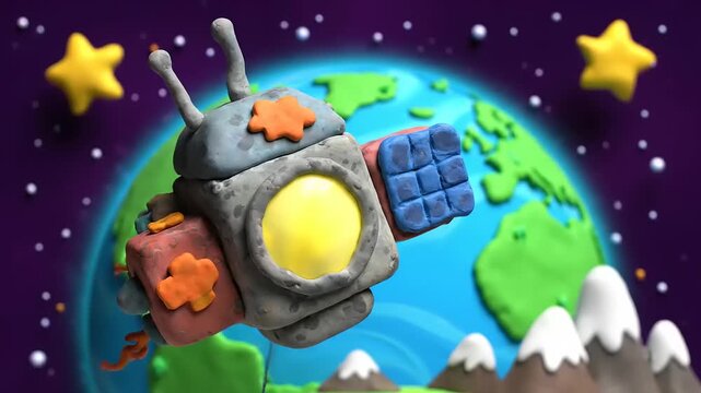 A robotic device is floating above the Earth in outer space with stars and mountains visible