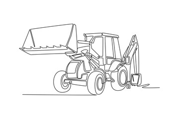 Continuous one line drawing front view of backhoe loader, large loading bucket and driver's cab in a clean for industrial and agricultural themes. Single line draw design vector graphic illustration