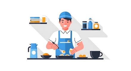 A man in a blue apron preparing breakfast in a kitchen with various food items and kitchenware around him