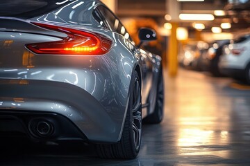 Close-up of a sleek silver sports car rear with illuminated brake light parked in a well-lit indoor parking garage