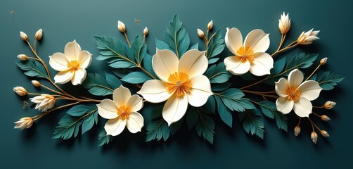 Paper quilled flowers, leaves art. Blossom branch with jasmine flower composition on dark teal surface. Floral design. Spring card. Greeting template. Botanical decorative elements for posters