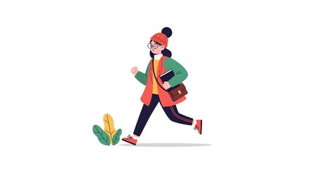 Fototapeta premium Young woman in casual winter attire with backpack, running with books, illustration