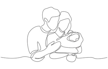 Continuous one line drawing of new parents lovely holding newborn, unconditional love, emotional connection, and beginning of family life concept, single line art.