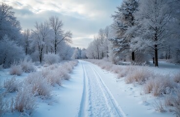Snowy trail covered with frost leads through forest. Winter landscape with snow covered trees. Cold glaze covers ground and branches in frosted park on cloudy day. Scenic scenery.