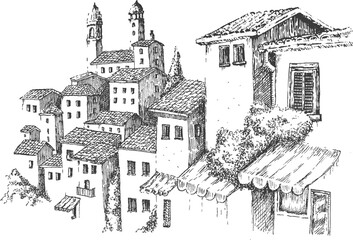 Obraz premium Sketch of old street in medieval city with stone houses. Hand drawn vector illustration in monochrome color.