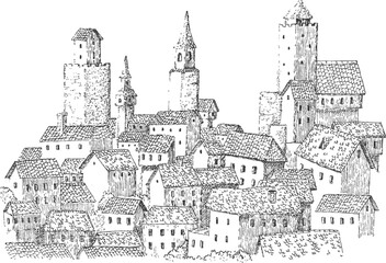 Obraz premium Hand drawn old city or medieval castle in monochrome color. Sketch urban panoramic vector illustration.