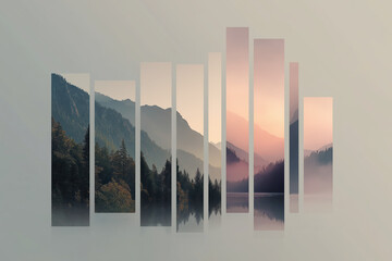 Abstract Mountain Landscape Graphic Composition With Vertical Bars Showing Misty Forest Lake At Sunset