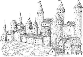 Obraz premium Medieval castle or old city in monochrome color. Sketch urban panoramic vector illustration. Hand drawn vintage style.
