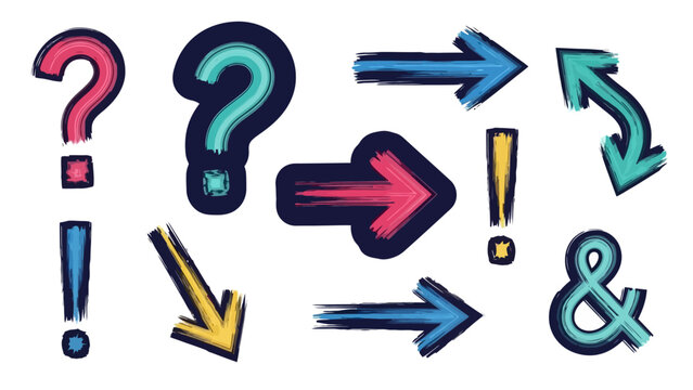 A collection of colorful, hand-drawn punctuation marks and arrows, including question marks, exclamation points, and directional arrows.