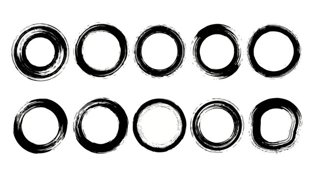 A collection of ten hand-drawn, imperfect black ink circles or brush stroke rings on a white background, arranged in two rows.