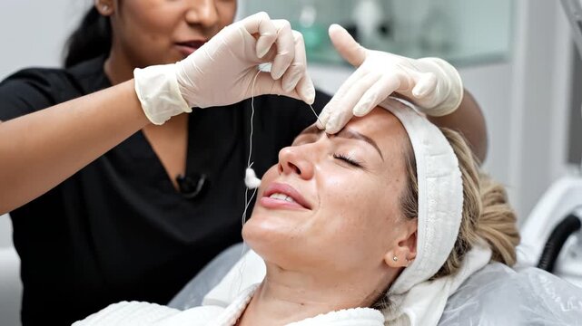 Woman receiving facial threading treatment