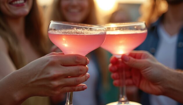 Friends clink glasses with pink cocktails at party outdoors. People celebrate together at event or wedding. Woman cheers with drink in hand enjoying happy hour gathering at bar.