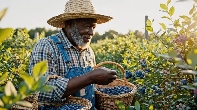 A sunlit farmer in a straw hat picks ripe blueberries into wicker baskets beside lush bushes in sun