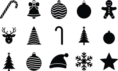Christmas Icons Set Black Holiday and Winter Silhouette Collection