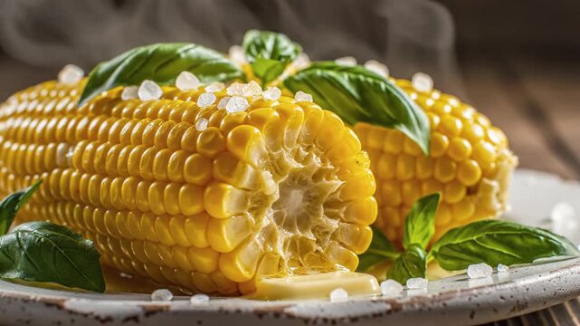 Sunlit corn on a plate, buttery kernels glistening with fresh basil and rustic charm with warm glow