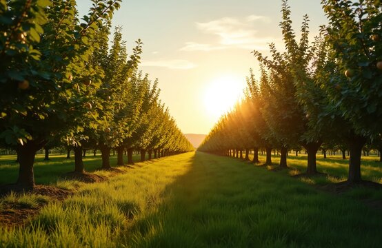 Orchard at sunset. Lines of fruit trees on a green grassy field. Golden sun rays shine through branches. Rural landscape captures natural beauty of summer harvest season.