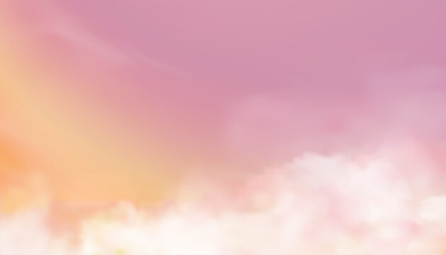 Sky Background.Cloud pink pastel of fairy sunset.Fantasy gradient cloudy with twight light  twilig.Cartoon abstract orange, yellow.Beautiful fairytale soft morning sunrise