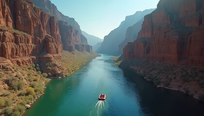 Red raft travels river canyon Arizona. Steep red rock cliffs rise high above blue water. Tourists explore vast desert landscape on scenic boat journey. Sunny day with clear sky.