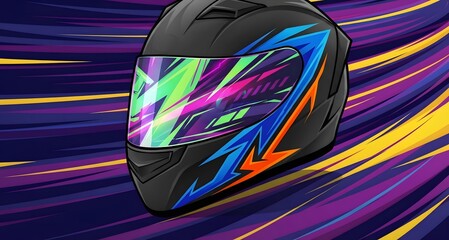Colorful Motorcycle Helmet with Reflective Visor and Abstract Background