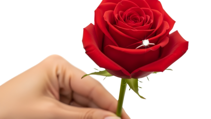 Hand holding a single red rose flower with a diamond engagement ring inside the petals isolated PNG with Transparent Background