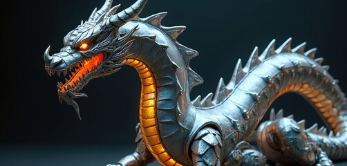 Illustration of a metallic dragon with glowing orange eyes and fiery interior details. Detailed sculpture creates a futuristic fantasy scene. This art piece represents innovation and mythology.