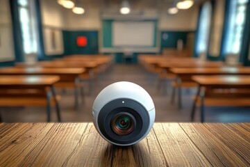 Close-up of a modern spherical surveillance camera resting on a wooden desk inside an empty classroom with desks and a whiteboard in the background