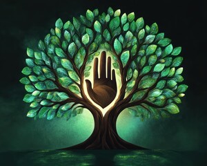 Glowing tree with trunk forming an open hand, lush green leaves and a radiant aura against a dark background, evoking protection, healing and serene mysticism