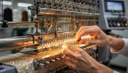 Closeup of skilled workers setting up a metallic thread Schiffli machine showcasing the glowing threads and precision threading process for highend decorative fabric production.
