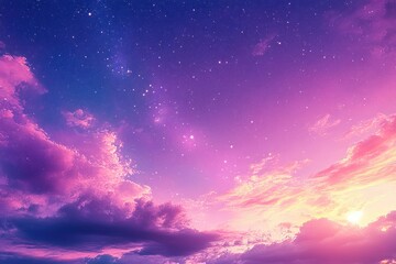 Vibrant purple and pink sunset sky with scattered clouds and sparkling stars creating a dreamy and serene atmosphere