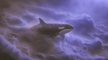 波と霧と水煙の中に飛び出す巨大なシャチの姿