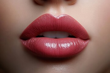 Close-up of glossy mauve lips slightly parted revealing teeth, smooth glowing skin, sensual elegant makeup with shiny highlight