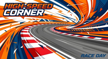 High-Speed Corner Racing Track with Red, White, and Blue Accents and Orange Graphics