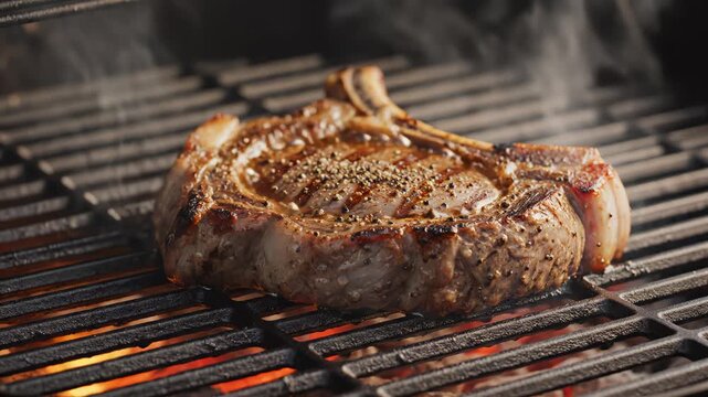 Steak grilling on flaming barbecue