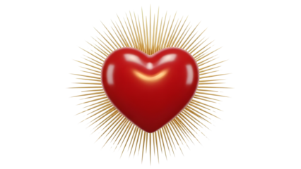 Shiny red 3D heart symbol radiating golden light for romance and spiritual concepts design element isolated PNG with Transparent Background
