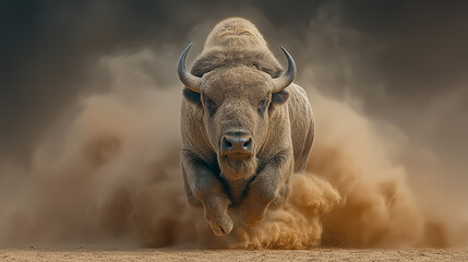 勇壮なバッファローの砂塵を巻き上げて走る姿