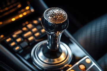 close-up of polished chrome gear shift knob on car center console with illuminated buttons and leather seat, sleek modern sporty mood