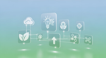 Digital concept illustration showcasing interconnected icons representing sustainable technology innovation cloud computing data processing and growth strategies in a modern abstract environment
