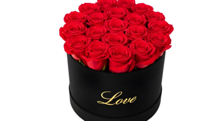 Elegant black box arrangement of red roses for romance and luxury gifting isolated PNG with Transparent Background